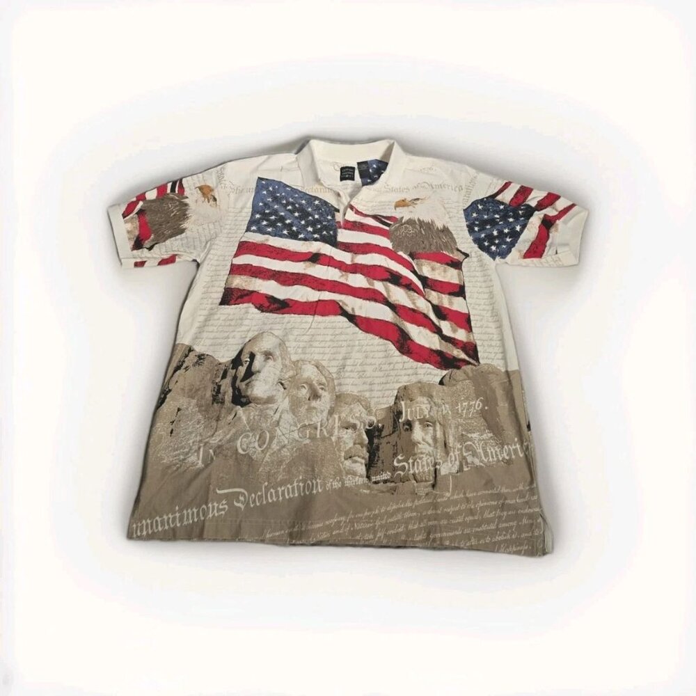 Cotton Traders Sport Polo Shirt XL Patriotic USA Flag‎ Eagle Mount Rushmore. 047